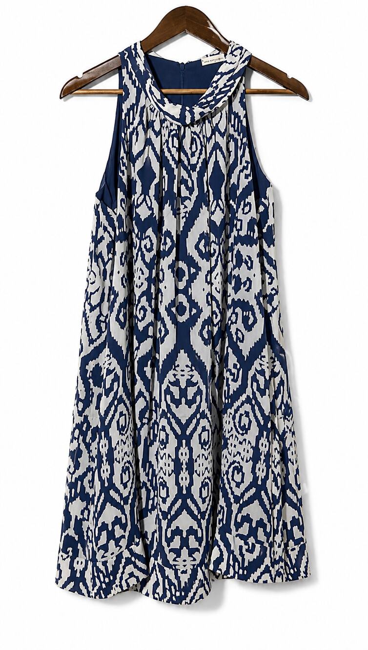 Eva Mendes Sleeveless Shift Dress Women's Medium Blue White Ikat Knee Length